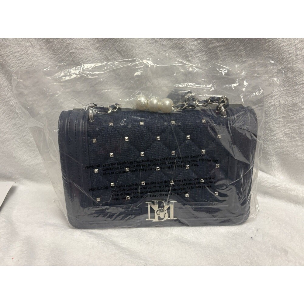 Badgley Mischka Navy Denim Quilted Crossbody Bag Pearl Chain Studded NWT